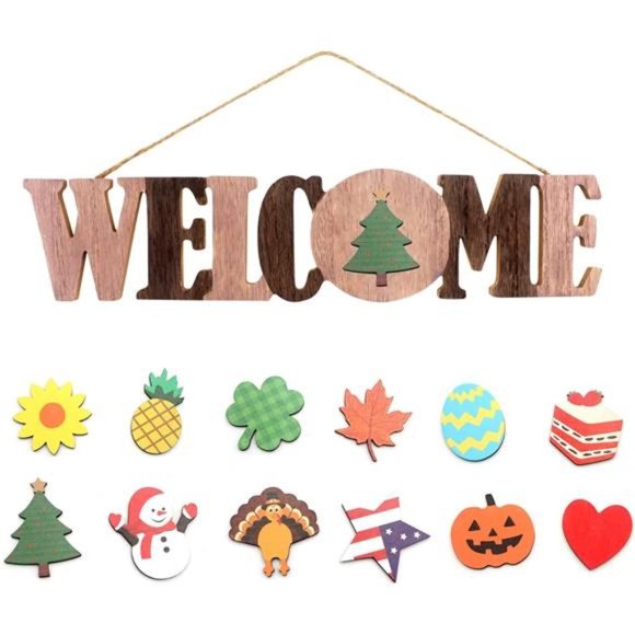 Interchangeable Welcome Sign Rustic Wood Home Decor with 12 Seasonal Magnets - Picture 1 of 8